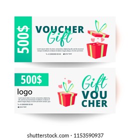Gift voucher template with hearts and a gift box. 500 dollars 