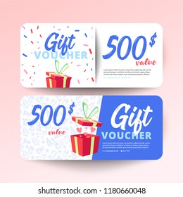 Gift voucher template with hearts and a gift box. 500 dollars 
