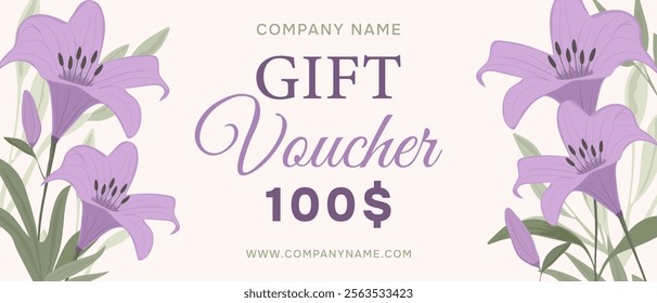 Gift voucher. Template for holiday gift certificate with lilies, invitation or certificate. Vector.