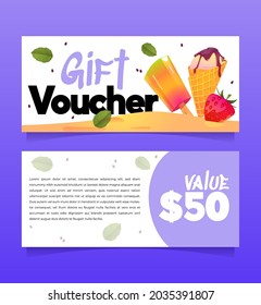 Gift voucher template with ice cream illustration and value. Vector coupon for sweet shop, cafe or gelateria with cartoon popsicle and ice cream in wafer cone. Promo flyer with present