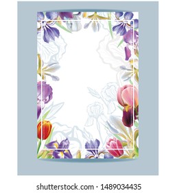 Gift voucher template with Irises. Floral card template. Certificate