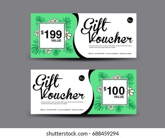 Gift Voucher template layout, business flyer design, jungle leaf background, coupon, ticket, Discount card, banner vector illustration