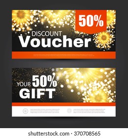 Gift Voucher Template with Lights, Fireworks & Bokeh Effect. Vector illustration