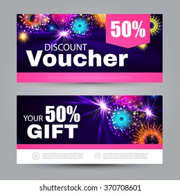 Gift Voucher Template with Lights, Fireworks & Bokeh Effect. Vector illustration
