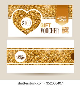 Gift voucher template with luxury gold glitter texture pattern, heart shape and envelope design. White background. May be used as gift for Valentines Day. Vector illustration.