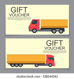 Gift Voucher Template with machines for cargo transportation in the background. Vector Illustration. EPS10