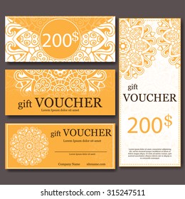 Gift voucher template with mandala. Design certificate for sport center, magazine or etc. Vector gift coupon with ornament on background.