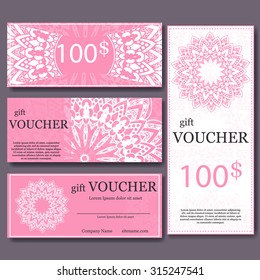 Gift voucher template with mandala. Design certificate for sport center, magazine or etc. Vector gift coupon with ornament on background.