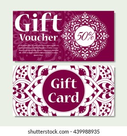 Gift voucher template with mandala. Design certificate for sport center, magazine or etc. Vector gift coupon with ornament on background.