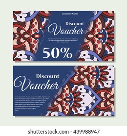 Gift voucher template with mandala. Design certificate for sport center, magazine or etc. Vector gift coupon with ornament on background.