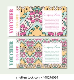 Gift voucher template with mandala. Design certificate for sport or yoga center, magazine or etc. Vector gift coupon with ornament on background.