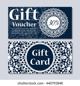 Gift voucher template with mandala. Design certificate for sport or yoga center, magazine or etc. Vector gift coupon with ornament on background.