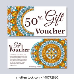 Gift voucher template with mandala. Design certificate for sport center, magazine or etc. Vector gift coupon with ornament on background.