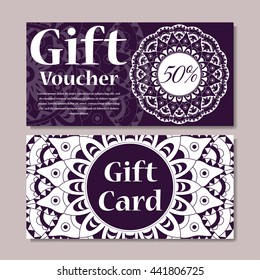 Gift voucher template with mandala. Design certificate for sport or yoga center, magazine or etc. Vector gift coupon with ornament on background.