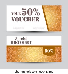 Gift voucher template with mandala. Design certificate for sport or yoga center, magazine or etc. Vector gift coupon with ornament on background.