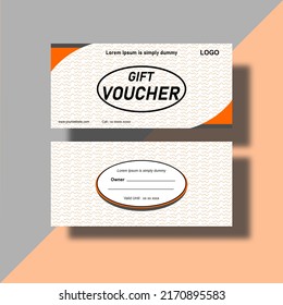 una plantilla de vales de regalo con un diseño minimalista, una combinación de gris, blanco y naranja. también líneas estéticas de fondo. 1 tarjeta con vista frontal y posterior
