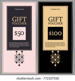 Gift voucher template with modern abstraction pattern. Vertical orientation. Vector