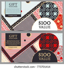 Gift voucher template with modern abstraction pattern. Horizontal orientation. Vector