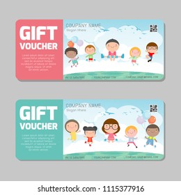 Plantilla de bono de regalo y modelo moderno. concepto infantil. Plantilla de cupón con patrón premium, plantilla de cupón regalo con un patrón colorido. concepto luminoso. Ilustración del vector