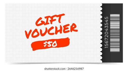 Gift voucher template on Back to School theme. White chalkboard and checkered paper on backdrop. Vector illustration