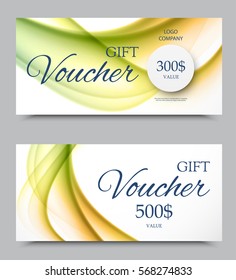 Gift voucher template on three and five hundred dollars with wavy light soft colorful pattern and paper circle. Vector illustration