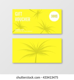 Gift voucher template with palms. Yellow voucher certificate coupon design. Vector illustration.