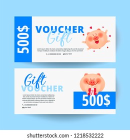 Gift voucher template with pig and a gift box. 500 dollars 