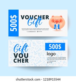 Gift voucher template with pig and a gift box. 500 dollars 