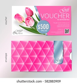 Gift voucher template with pink tulip flowers. Vector Abstract background. Concept for boutique, jewelry, floral shop, beauty salon, fashion, flyer, banner design. Gift voucher design