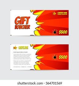 Gift Voucher Template In Pop Art Style. Vector Illustration. Unusual Design Of Card Usable For Gift Coupon, Invitation, Certificate, Diploma, Ticket Etc.