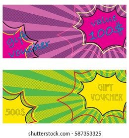 Gift voucher template in pop art style. Vector illustration. Set of gift cards, coupon, certificate. Announce sales and discounts banners on bright vintage background.