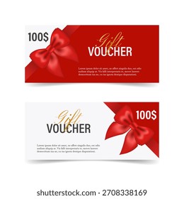 Una Plantilla de vales de regalo con una cinta roja realista.  Diseña una invitación, certificado, Cupón de regalo, ticket o vale. Ilustración vectorial.