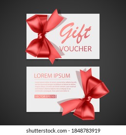 Gift Voucher template with red bow, ribbons. Design usable for gift coupon, voucher, invitation, certificate, etc. Vector eps 10 format