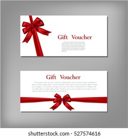 Gift Voucher Template With Red Bow Ribbon. Vector Illustration