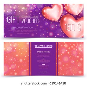 Gift voucher template with red glossy hearts.