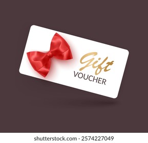 Gift voucher template with Red realistic ribbon. Vector illustration. Design for invitation, certificate, gift coupon, ticket or voucher