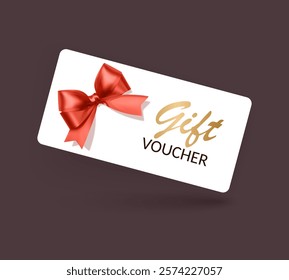 Gift voucher template with Red realistic ribbon. Vector illustration. Design for invitation, certificate, gift coupon, ticket or voucher
