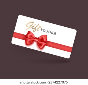 Gift voucher template with Red realistic ribbon. Vector illustration. Design for invitation, certificate, gift coupon, ticket or voucher