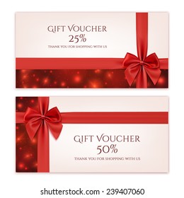 Gift Voucher Template With Red Ribbon And A Bow. Vector Illustration