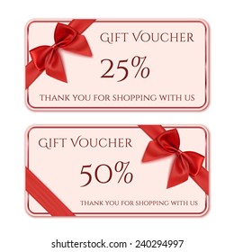 Gift Voucher Template With Red Ribbon And A Bow. Vector Illustration