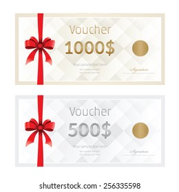 Gift voucher template with red ribbon and a bow. Vector illustration