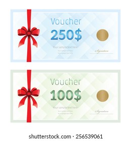 Gift voucher template with red ribbon and a bow. Vector illustration