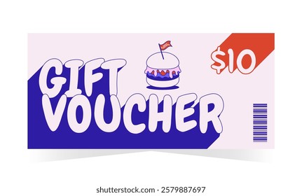 Gift voucher template in retro groovy style. Sale, promotion, discount, coupon, certificate. Vector illustration for burger bar, cafe, restaurant, retail, dining