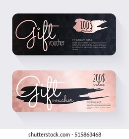 Gift voucher template with rose gold background. Background design coupon, voucher, certificate, invitation, currency. Vector illustration.