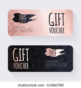 Gift voucher template with rose gold background. Background design coupon, voucher, certificate, invitation, currency. Vector illustration.