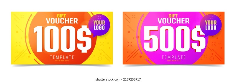 Gift voucher template set 100 and 500 dollar. Gift certificate or coupon layout with monetary reward for shopping. Discount coupon with place for logo vector illustration isolated on white background