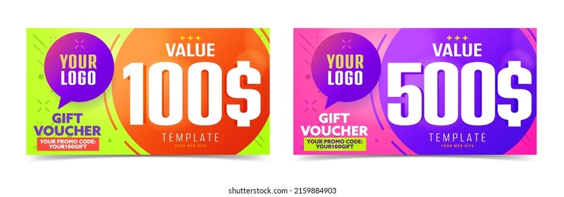 Gift voucher template set 100 and 500 dollar and promo code. Discount coupon for online shop sale promotion vector illustration isolated on white background
