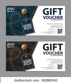 Gift Voucher template set with blue and gray denim texture. Concept for boutique, denim clothing store, fashion, flyer, banner design. Vector