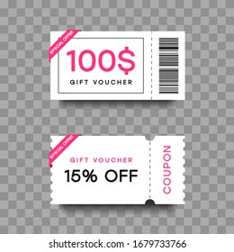Gift voucher template set. Discount fashion card. Coupon with special offer for shopping or beauty salon. Isolated on transparent background with shadow. Vector illustration.