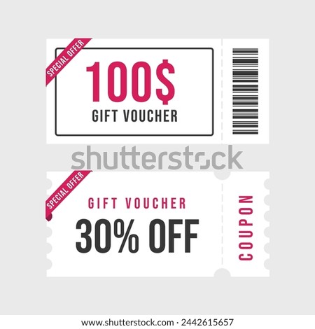 Gift voucher template set. Discount fashion card. Coupon with special offer for shopping or beauty salon. Isolated on transparent background with shadow. Vector illustration